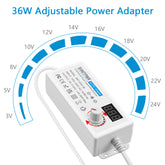 SHNITPWR 36W Universal Power Supply 100-240V AC to DC 3V ~ 24V 1.5A Converter 3V 5V 6V 9V 12V 15V 18V 20V 24V Multi-Voltage Adjustable Power Adapter with 14 Tips & 1 Polarity Converter, White