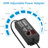 SHNITPWR 60W Universal Power Supply DC 3V 4V 4.5V 5V 6V 7V 7.5V 8V 9V 10V 11V 12V Adjustable Variable Power Adapter 100V-240V AC to DC Converter 1A 2A 2.5A 3A 4A 5A with 14 Tips & Polarity Converter