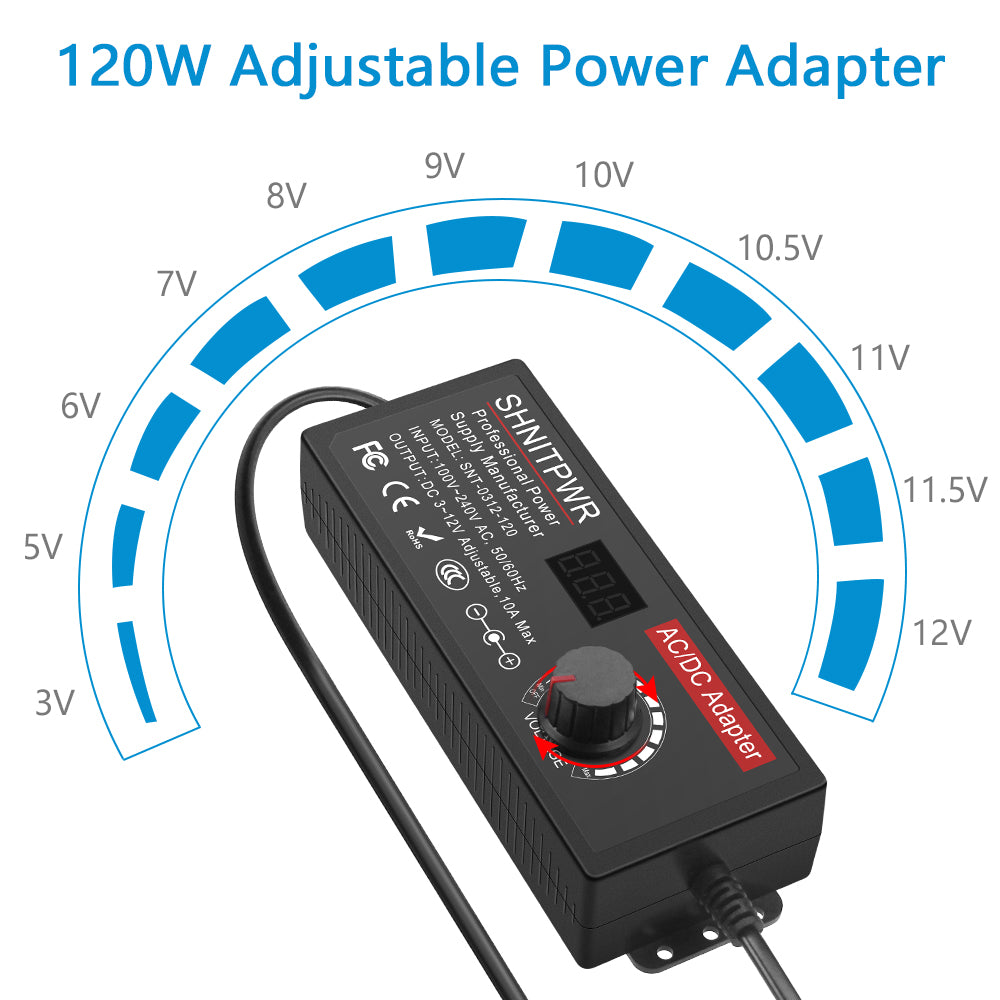 SHNITPWR 4V - 12V Power Supply 10A 120W AC to DC Adapter DC 4V 4.5V 5V 6V 7V 8V 9V 10V 11V 12V Voltage Adjustable Universal Power Converter Transformer 100-240V AC In with 14 Tips & Polarity Converter