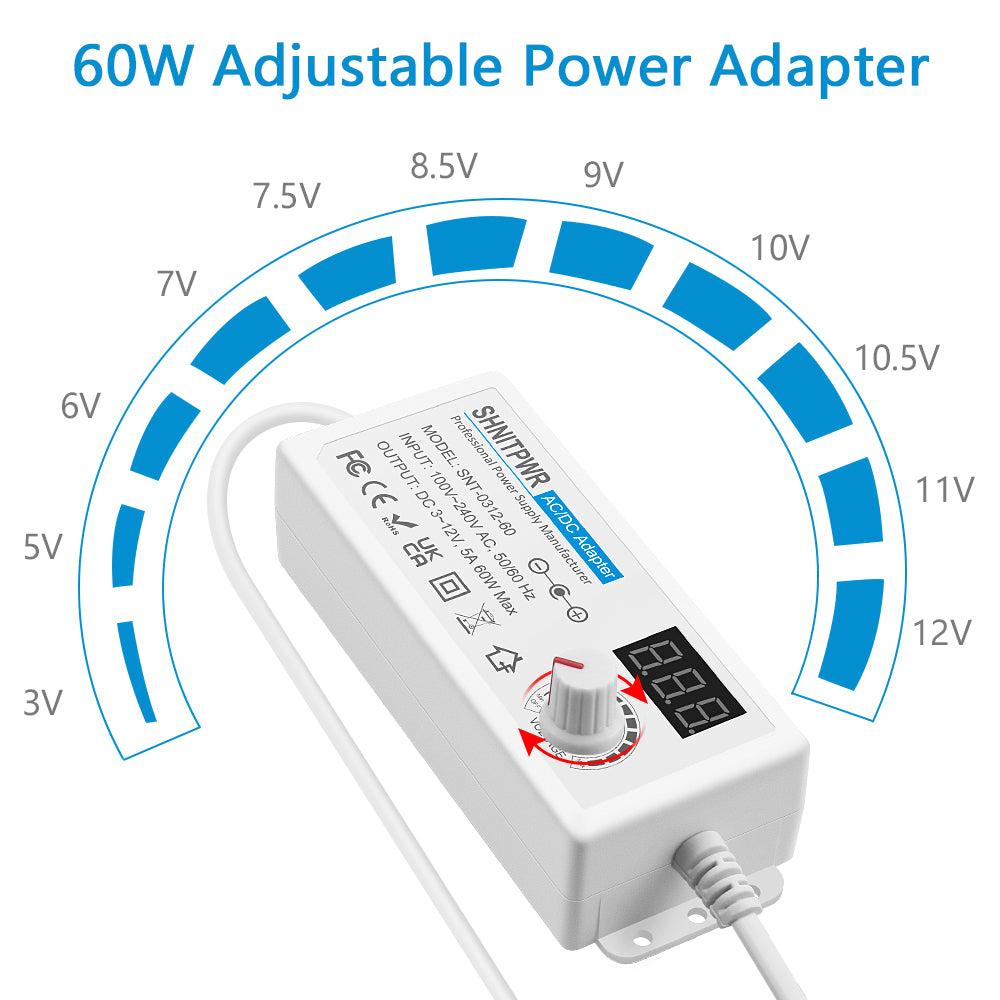 SHNITPWR 3V ~ 12V Power Supply 60W Universal Adjustable AC Adapter 100V-240V AC to DC 3V 4V 4.5V 5V 6V 9V 10V 12V Variable Power Converter 5A Max with 14 Tips Polarity Converter LCD Display, White