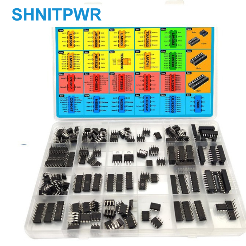 SHNITPWR IC chips kit 173 pcs 20 Values Chip Assortment Set+12 pcs Sockets;Integrated Circuits op amp kit 555 Timer IC