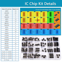 SHNITPWR IC chips kit 173 pcs 20 Values Chip Assortment Set+12 pcs Sockets;Integrated Circuits op amp kit 555 Timer IC