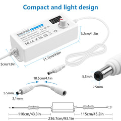 SHNITPWR 3V ~ 12V Power Supply 60W Universal Adjustable AC Adapter 100V-240V AC to DC 3V 4V 4.5V 5V 6V 9V 10V 12V Variable Power Converter 5A Max with 14 Tips Polarity Converter LCD Display, White