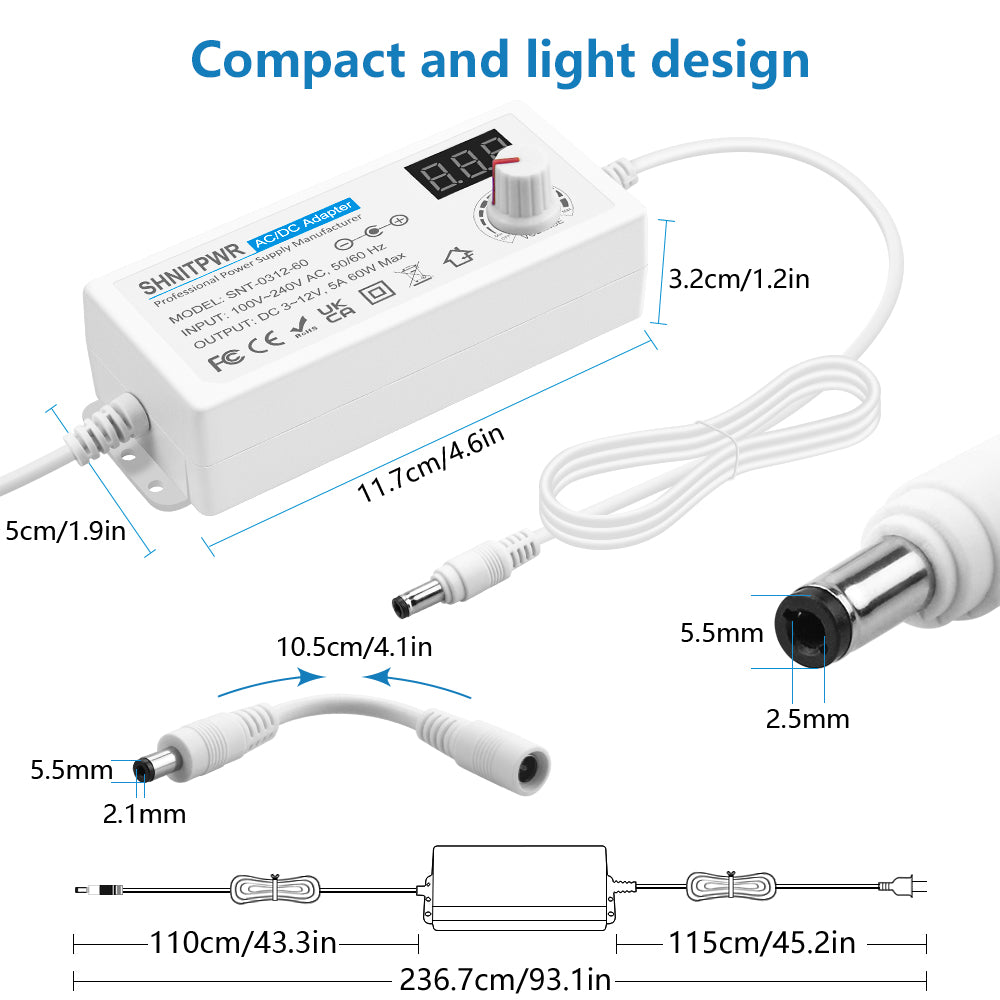 SHNITPWR 36W Universal Power Supply 100-240V AC to DC 3V ~ 24V 1.5A Converter 3V 5V 6V 9V 12V 15V 18V 20V 24V Multi-Voltage Adjustable Power Adapter with 14 Tips & 1 Polarity Converter, White