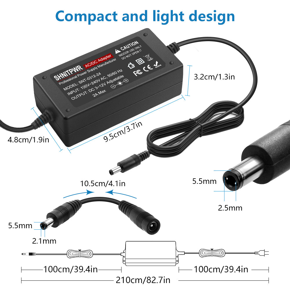 SHNITPWR 24W AC Adapter 3V ~ 12V 2A Universal Power Adapter 100V-240V AC to DC Converter 3V 4V 4.5V 5V 6V 8V 9V 10V 12V Adjustable Power Supply 500mA 1A 1.2A 1.5A 2A with 14 Tips Polarity Converter