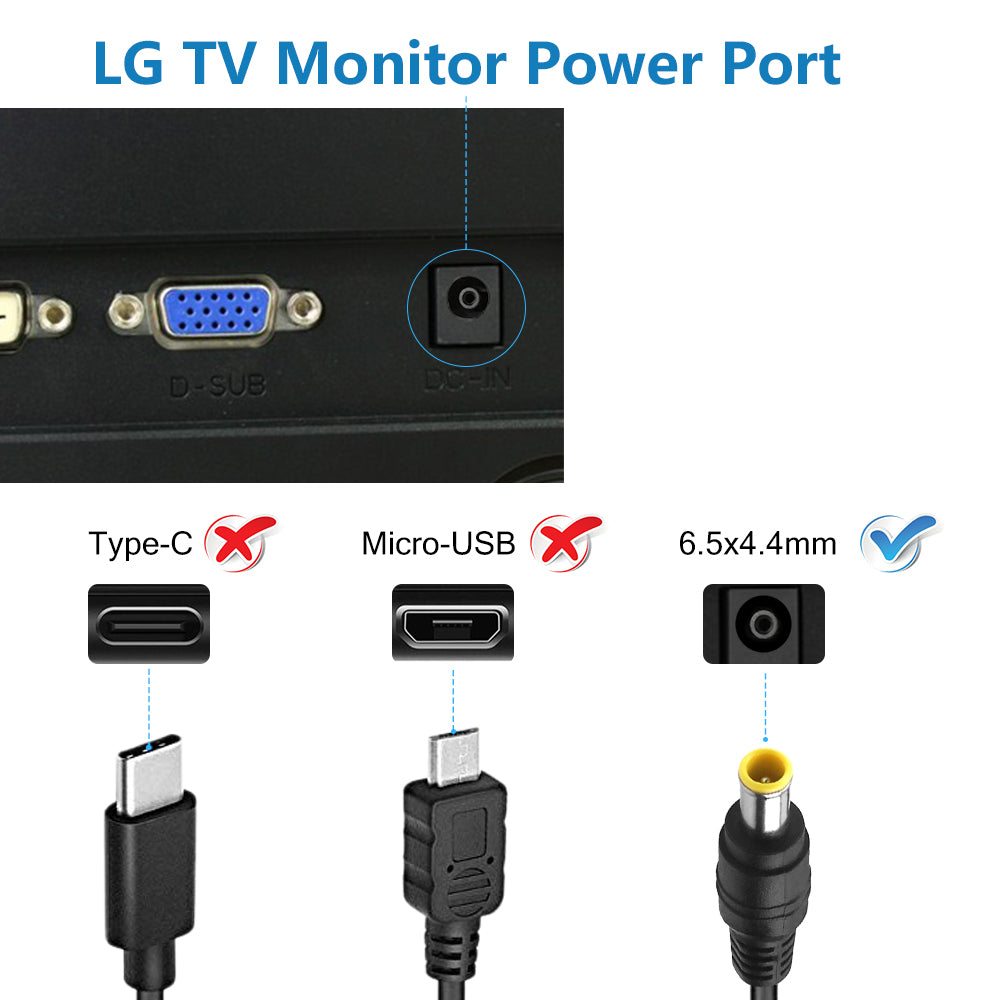 Replacement for LG TV Monitor Power Supply Cord for LG 19" 20" 22" 23" 24" 27" Monitor LCD LED HD TV Widescreen Flatron IPS236V IPS236-PN E2750VR-SN, SHNITPWR UL Listed 19V Power Adapter 6.5mm x4.4mm