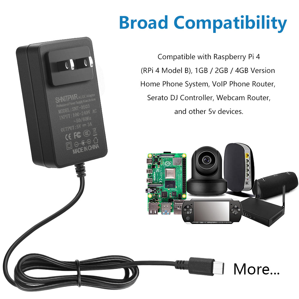 SHNITPWR 5V 3A USB C Power Supply Adapter for Raspberry Pi 4 Type C ...
