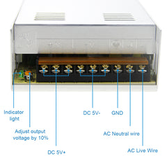 SHNITPWR 5V Power Supply DC 5V 70A 350W Regulated Switch Transformer Adapter AC 110V 220V to DC 5volt 70amp 68A 65A 62A 60A 50A 40A Converter WS2812B WS2811 WS2813 SK6812 LED Pixels Lights CCTV System